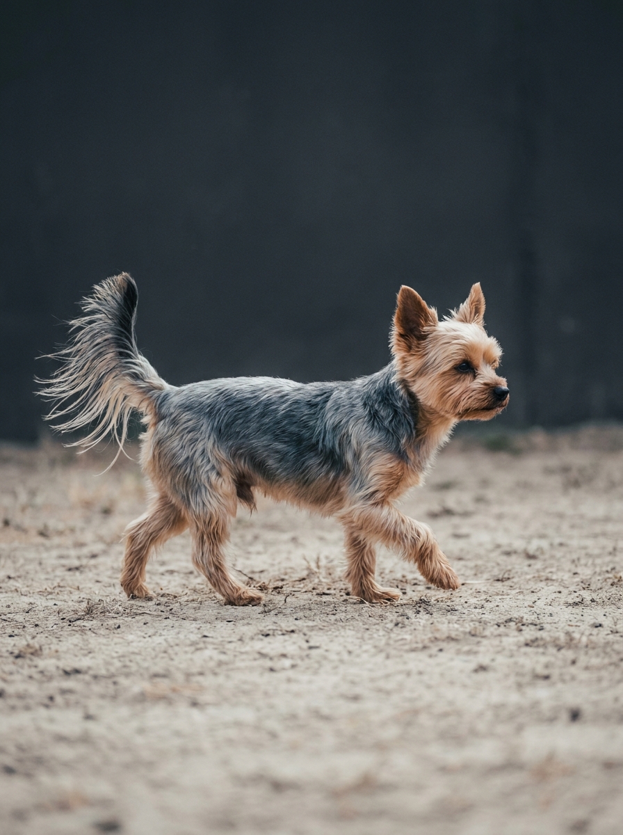 Yorkshire Terrier im Trab über sandigen Boden, Rute erhoben und wehend