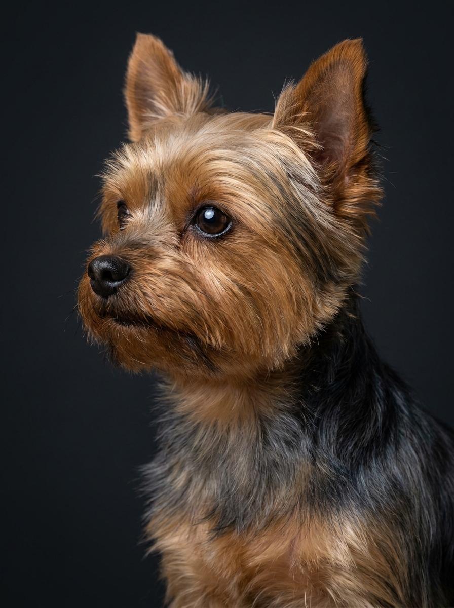 Porträt eines Yorkshire Terriers mit klaren dunklen Augen und seidigem stahlblau-lohfarbenem Haarkleid