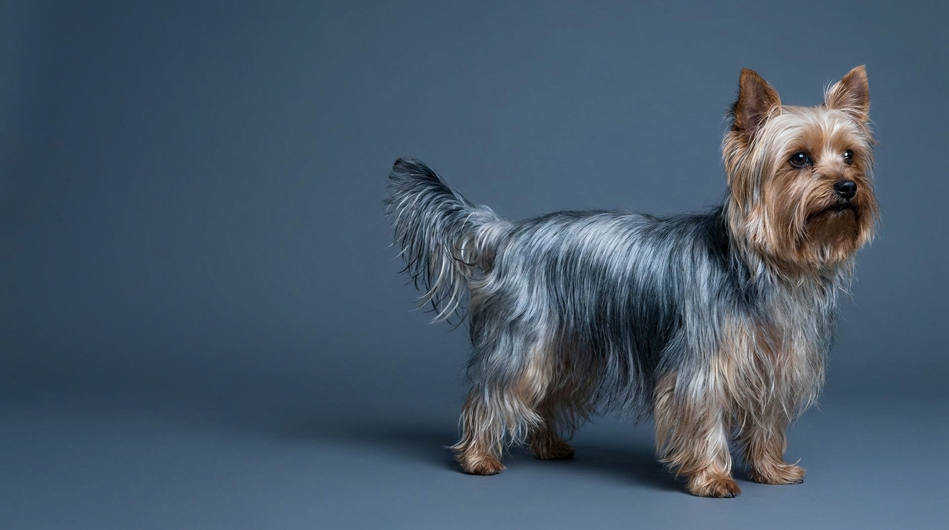Kräftiger, gesunder Yorkshire Terrier im Stand, mit vollständiger, unkupierter Rute